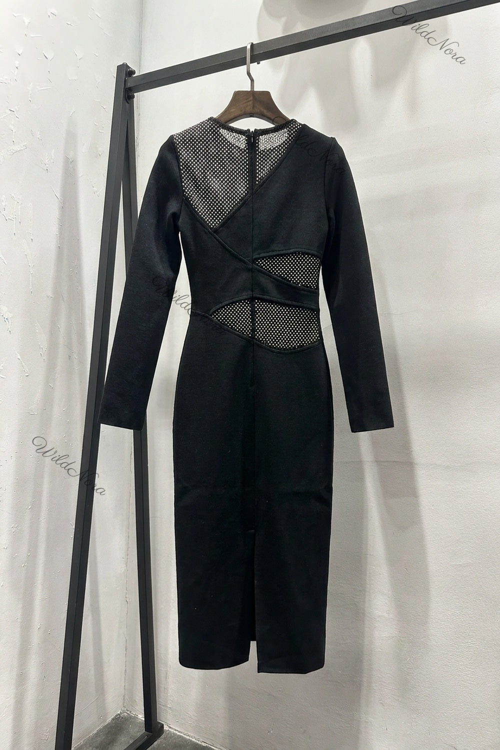 Black Heavy Knit Sheath Dress with Rhinestone Mesh Cutouts black heavy structured knit dress - product view 4