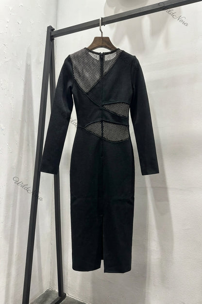 Black Heavy Knit Sheath Dress with Rhinestone Mesh Cutouts black heavy structured knit dress - product view 4