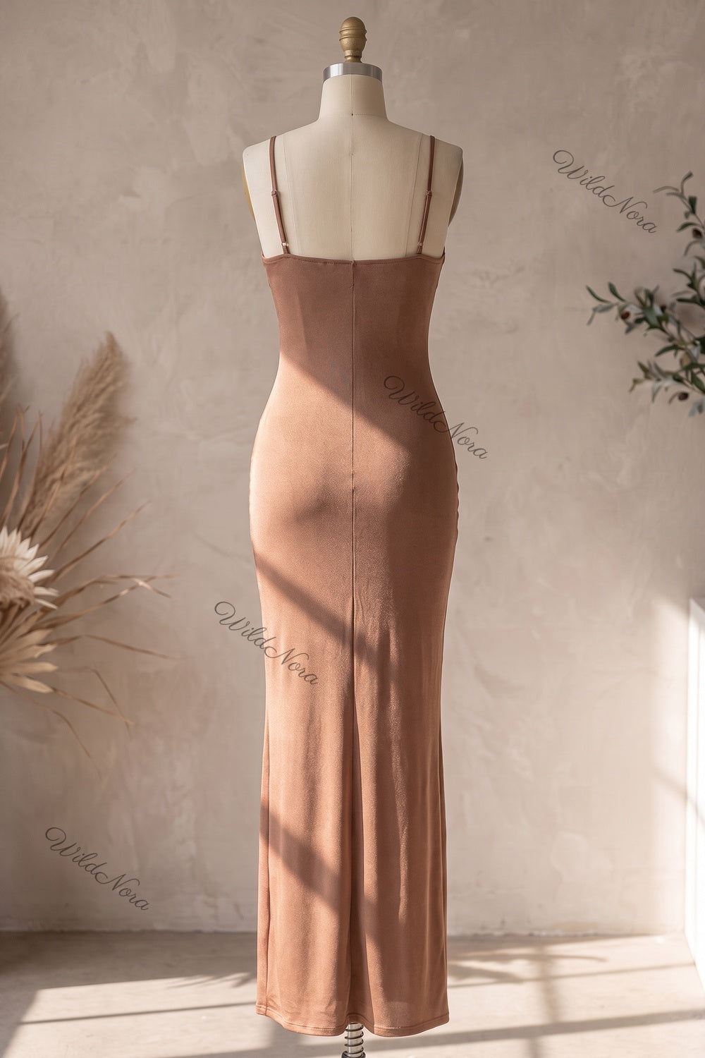 Bronze Brown Stretch Jersey Bodycon Maxi Dress with Front Rosette and Ruffle Detail bronze brown stretch jersey maxi dress - product view 4