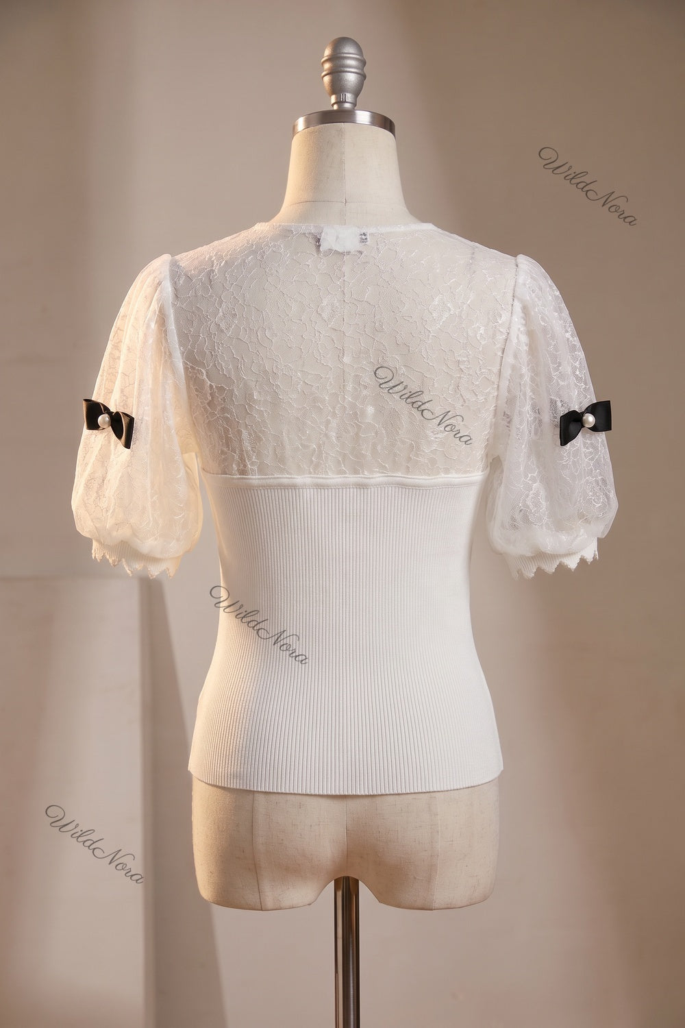 White Ribbed Knit and Lace Puff Sleeve Top with Pearl Bow Details white ribbed knit top - product view 4