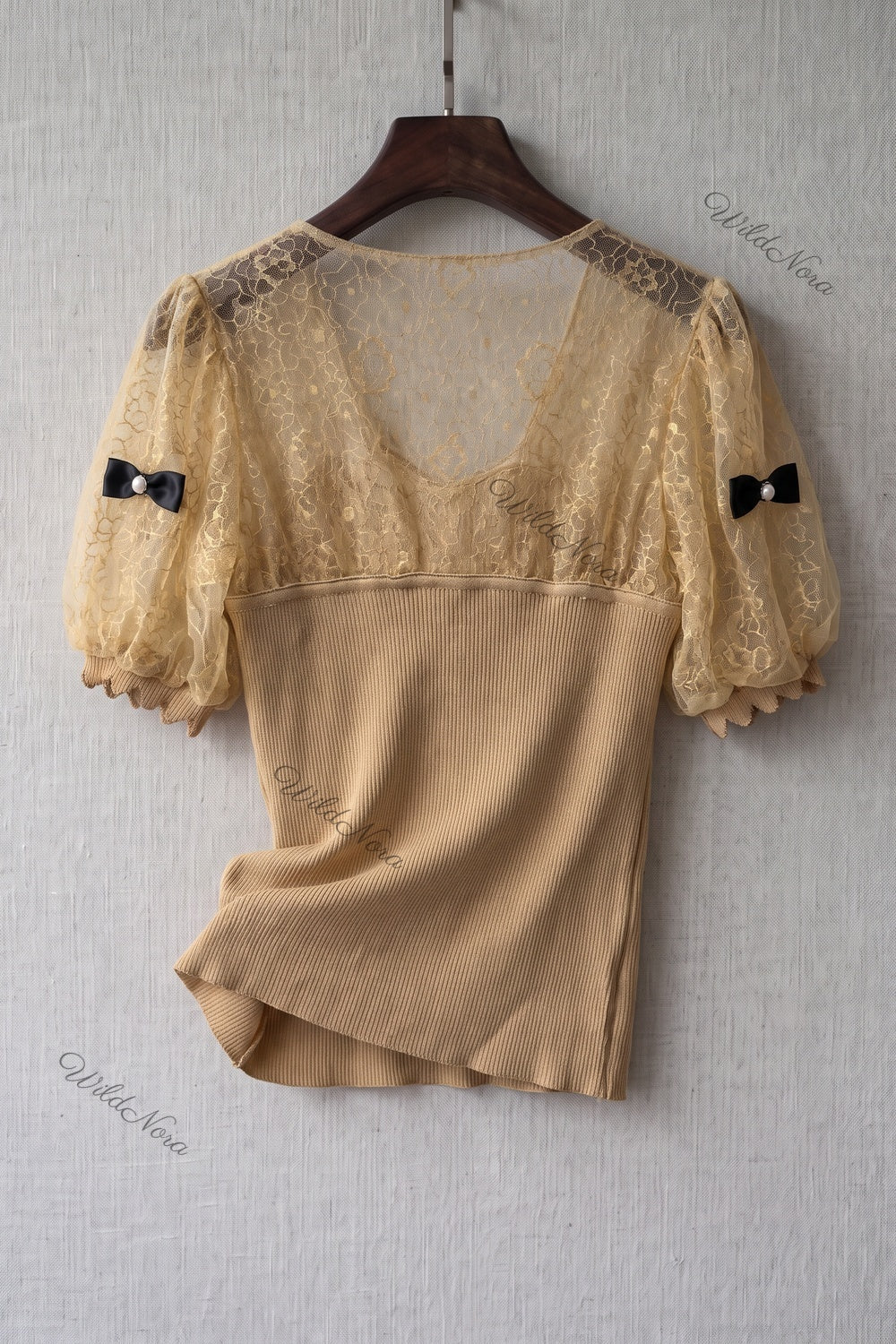 Gold Ribbed Knit Fitted Bodice with Puff Sleeves Top gold, beige ribbed knit top - product view 4