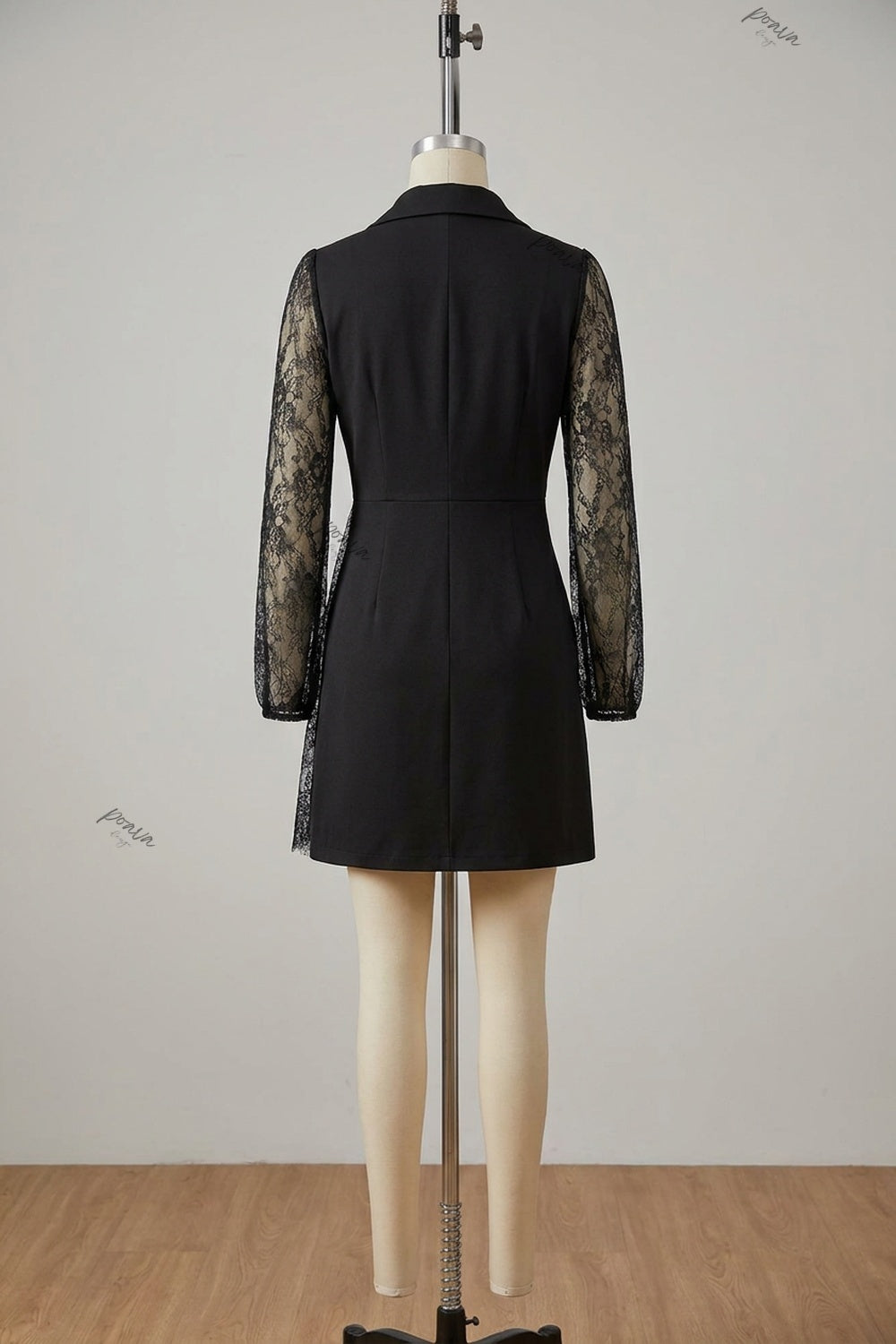 Black Structured Crepe Blazer Dress with Floral Lace Sleeves black structured woven crepe blazer dress - product view 4