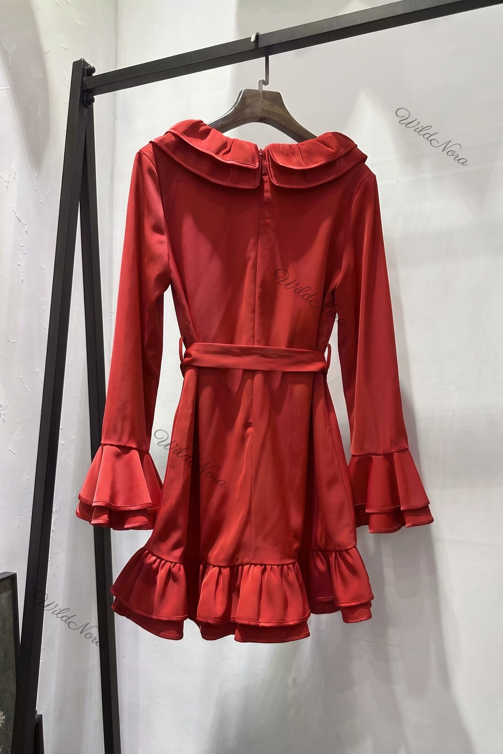 Red Double-Ruffle Fit-and-Flare Mini Dress red smooth woven polyester blend dress - product view 4