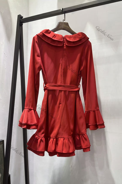 Red Double-Ruffle Fit-and-Flare Mini Dress red smooth woven polyester blend dress - product view 4