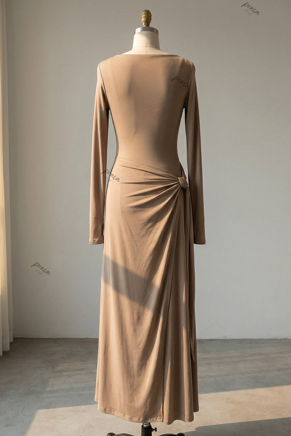 Taupe Stretch Jersey Knit Slim-Fit Bodice with Draped Skirt Maxi Dress taupe, milk tea brown stretch jersey knit maxi dress - product view 4