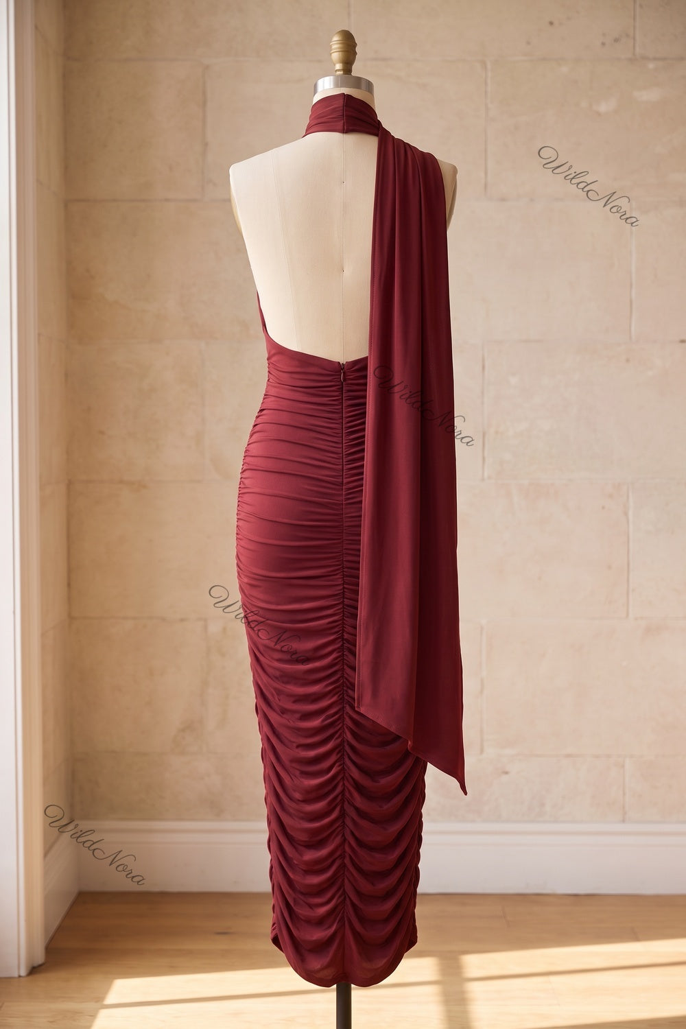 Burgundy Ruched Halter Bodycon Midi Dress burgundy stretch jersey dress - product view 4