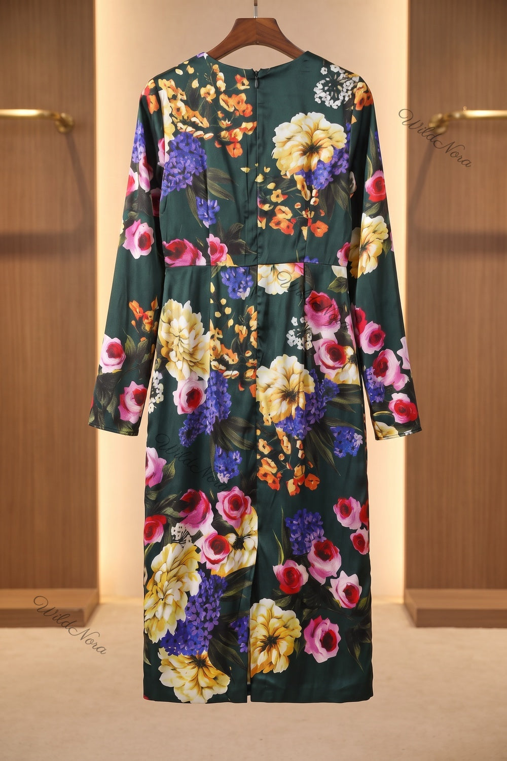 Dark Forest Green Satin Floral A-Line Midi Dress dark forest green satin dress - product view 4