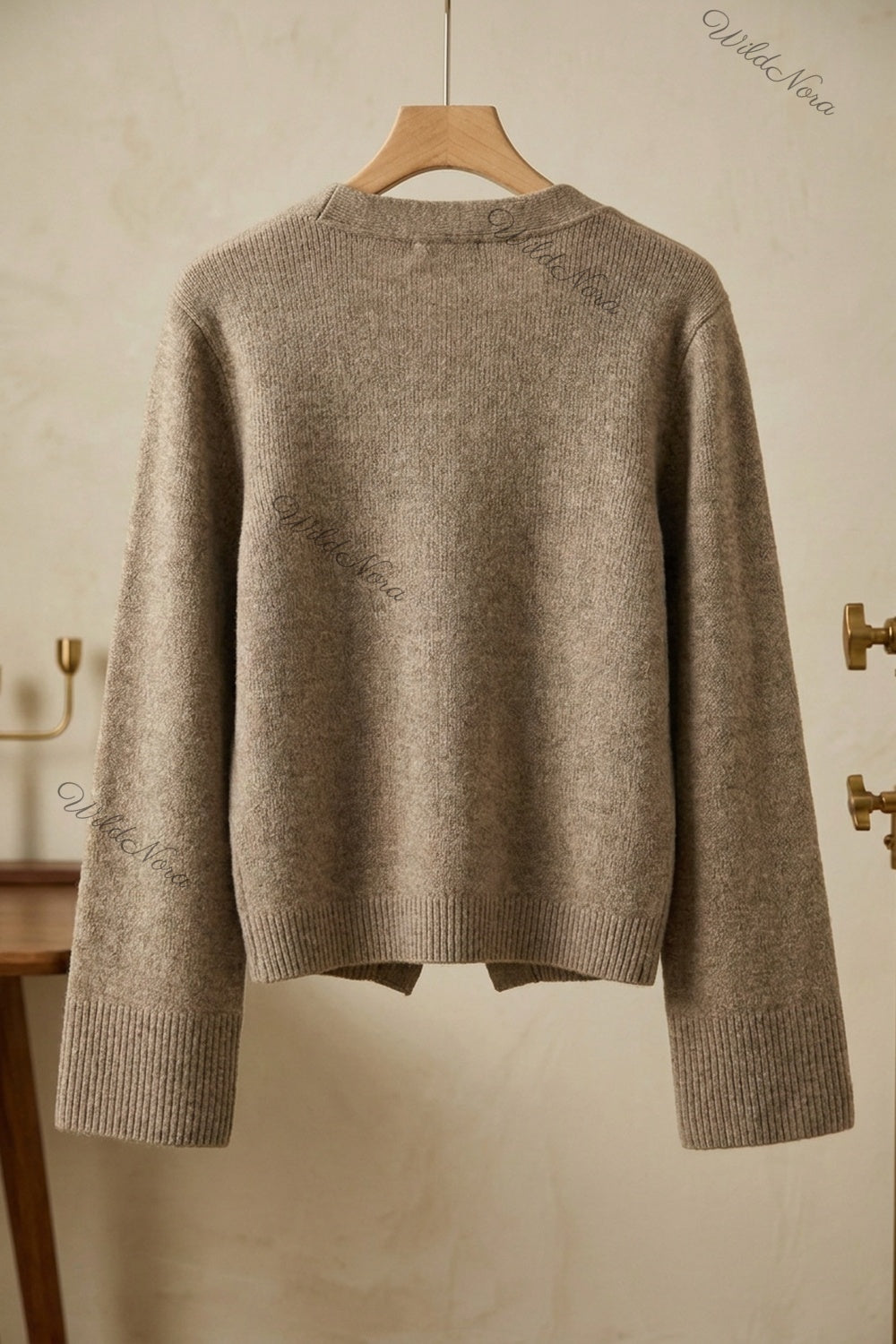 Taupe Fine-Knit Wool or Cashmere Blend Cardigan with Bell Sleeves taupe, melange beige fine knit wool or cashmere blend cardigan - product view 4