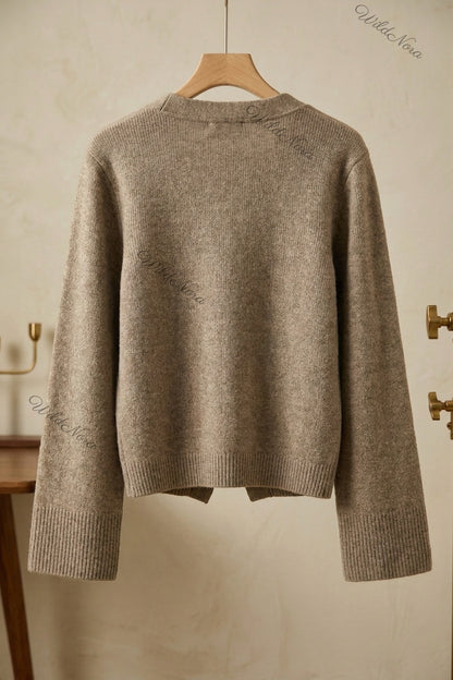 Taupe Fine-Knit Wool or Cashmere Blend Cardigan with Bell Sleeves taupe, melange beige fine knit wool or cashmere blend cardigan - product view 4