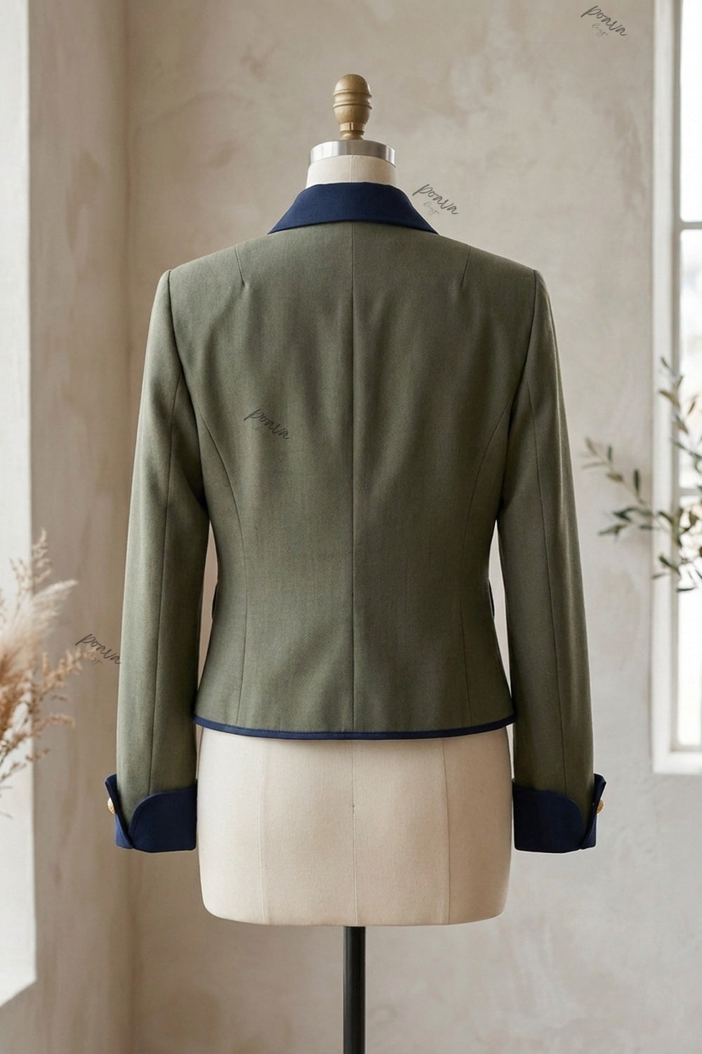 Olive Green Structured Boxy Cropped Jacket with Navy Contrast Trim olive green woven suiting fabric cropped jacket - product view 4