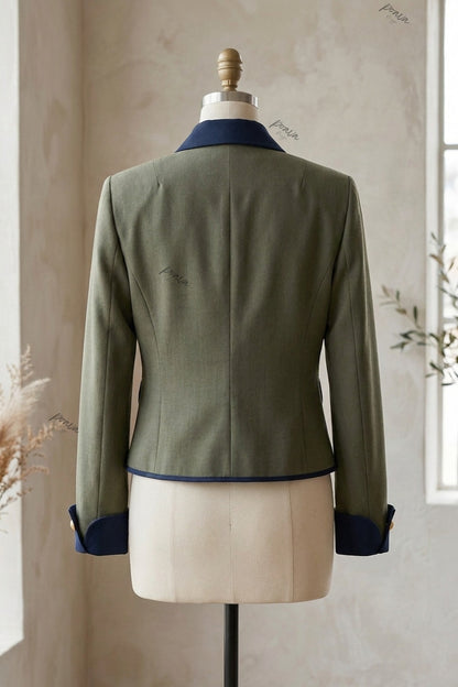 Olive Green Structured Boxy Cropped Jacket with Navy Contrast Trim olive green woven suiting fabric cropped jacket - product view 4