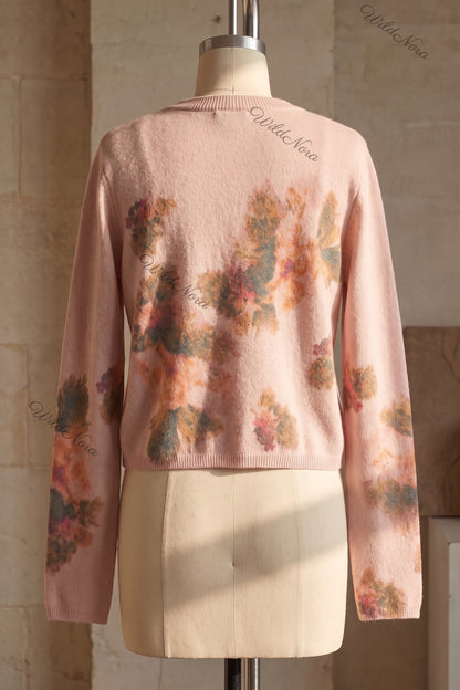Dusty Pink Fine-Gauge Knit Cardigan with Watercolor Floral Print dusty pink fine-gauge knit cardigan - product view 4