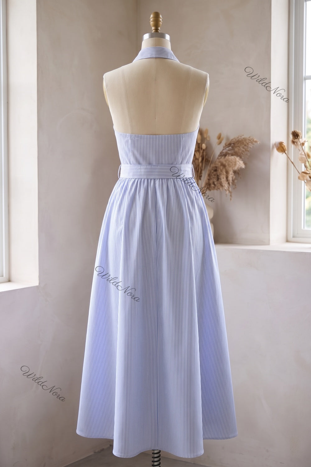 Light Blue Pinstripe Halter Midi Dress light blue cotton-blend poplin dress - product view 4