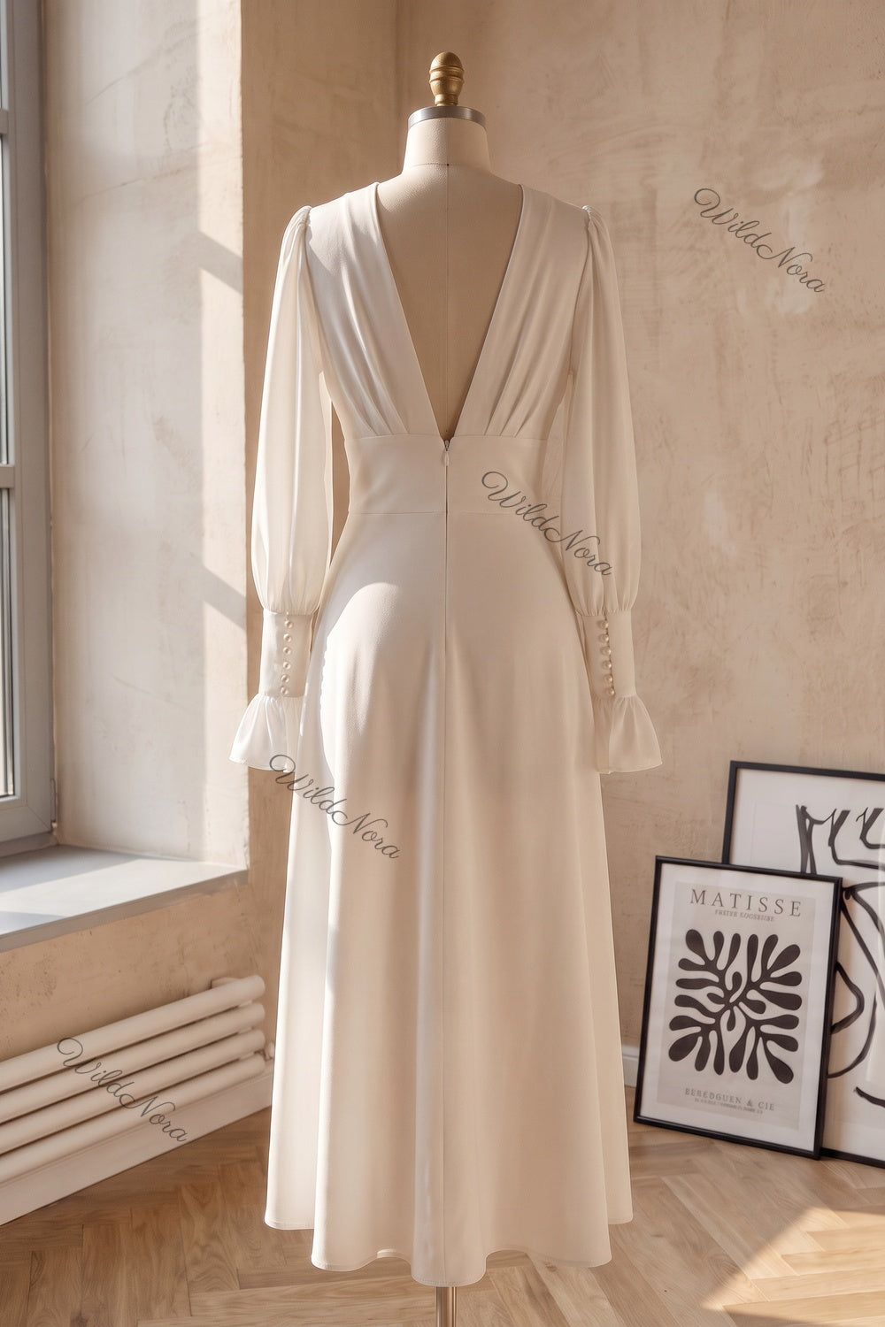 White Crepe A-Line Midi Dress with Pearl Button Details white crepe dress - product view 4