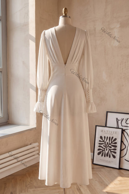 White Crepe A-Line Midi Dress with Pearl Button Details white crepe dress - product view 4