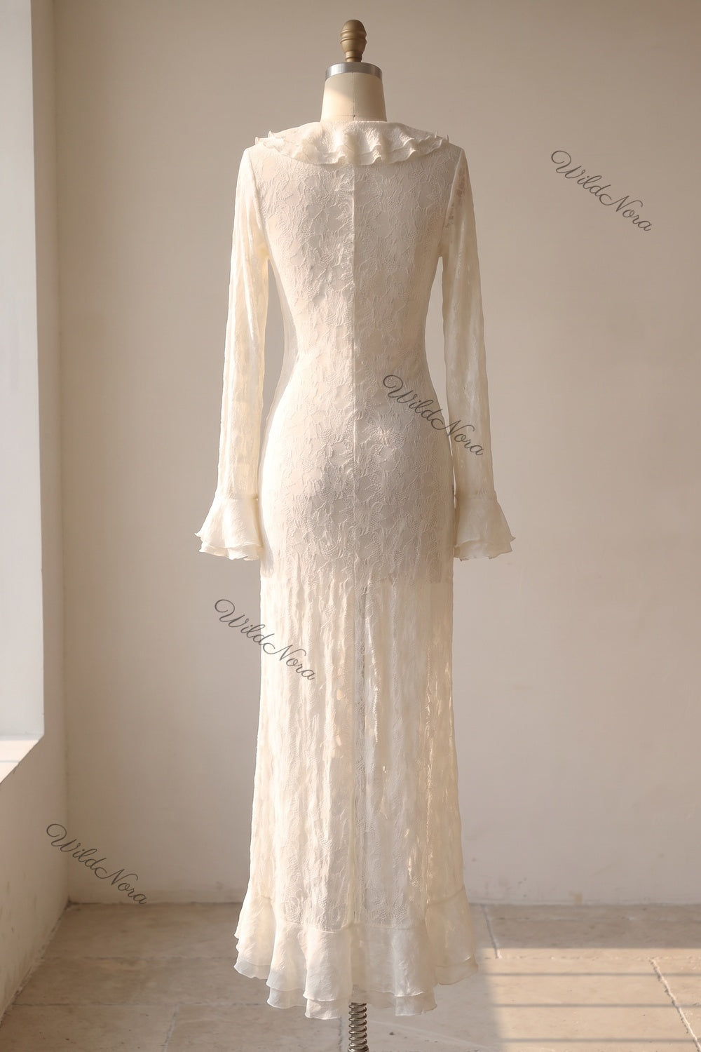 Off-White Semi-Sheer Textured Lace Slim-Fit Column Maxi Dress with Front Slit off-white semi-sheer textured lace maxi dress - product view 4