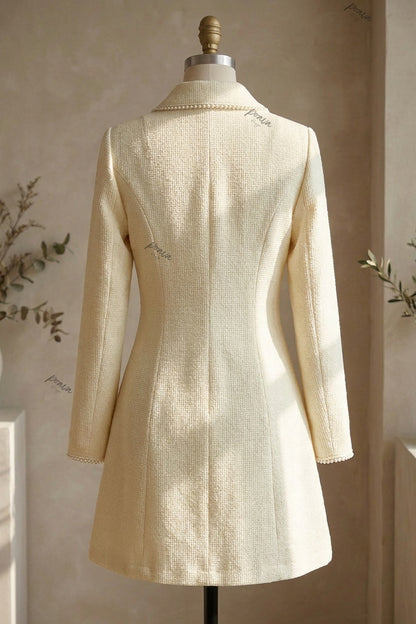 Cream Textured Woven Bouclé A-Line Mini Dress cream textured woven bouclé or heavy crepe dress - product view 4