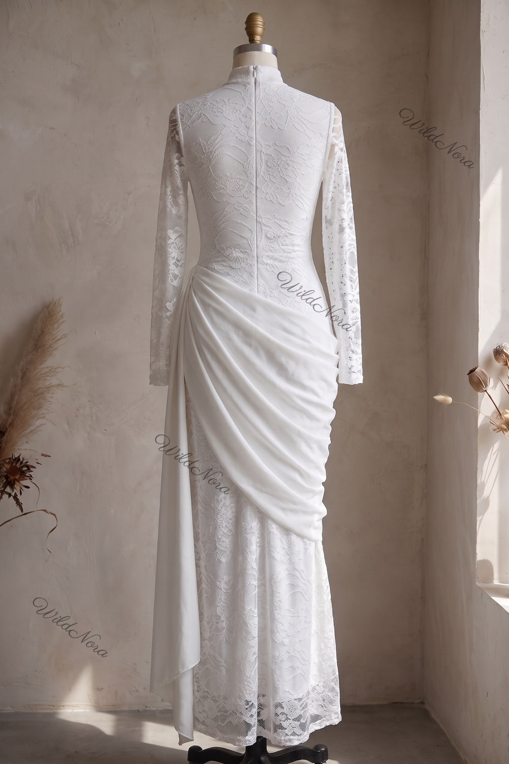 White Floral Lace Column Dress with Asymmetrical Draped Overlay white floral lace dress - product view 4