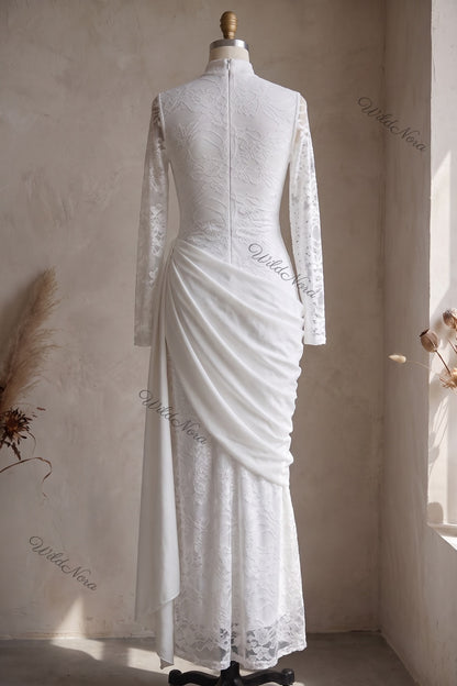 White Floral Lace Column Dress with Asymmetrical Draped Overlay white floral lace dress - product view 4