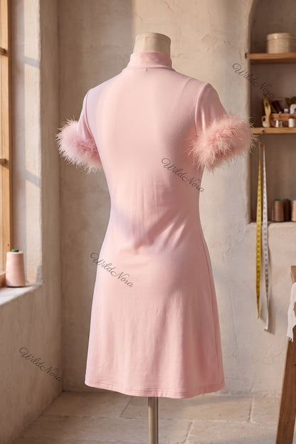 Light Pink Mock Neck Mini Dress with Feather Trim light pink stretch knit jersey dress - product view 4