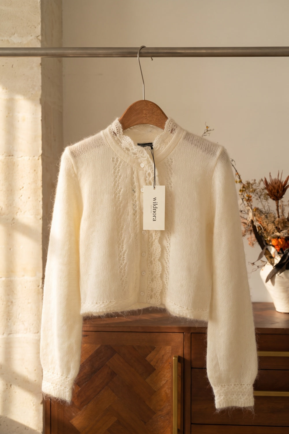 off-white mohair-blend knit cropped cardigan with scalloped lace trim off-white mohair-blend knit cardigan - product view 2