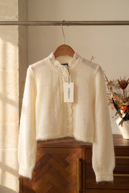 off-white mohair-blend knit cropped cardigan with scalloped lace trim off-white mohair-blend knit cardigan - product view 2