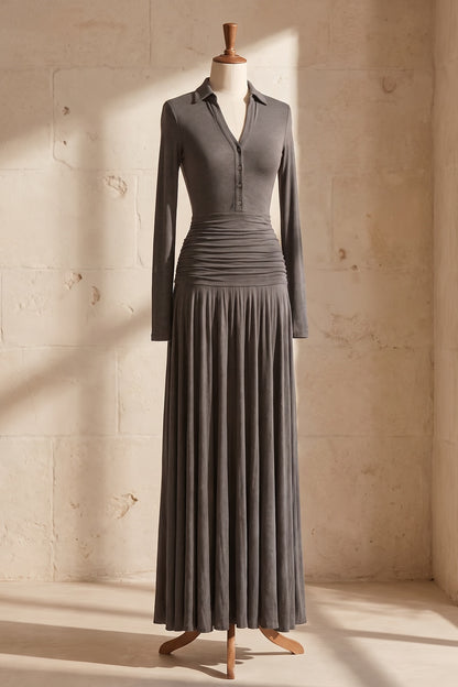 Grey Ruched Maxi Dress with Polo Collar Premium Fabric - product view 6