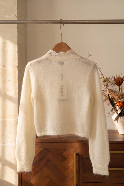 off-white mohair-blend knit cropped cardigan with scalloped lace trim off-white mohair-blend knit cardigan - product view 4