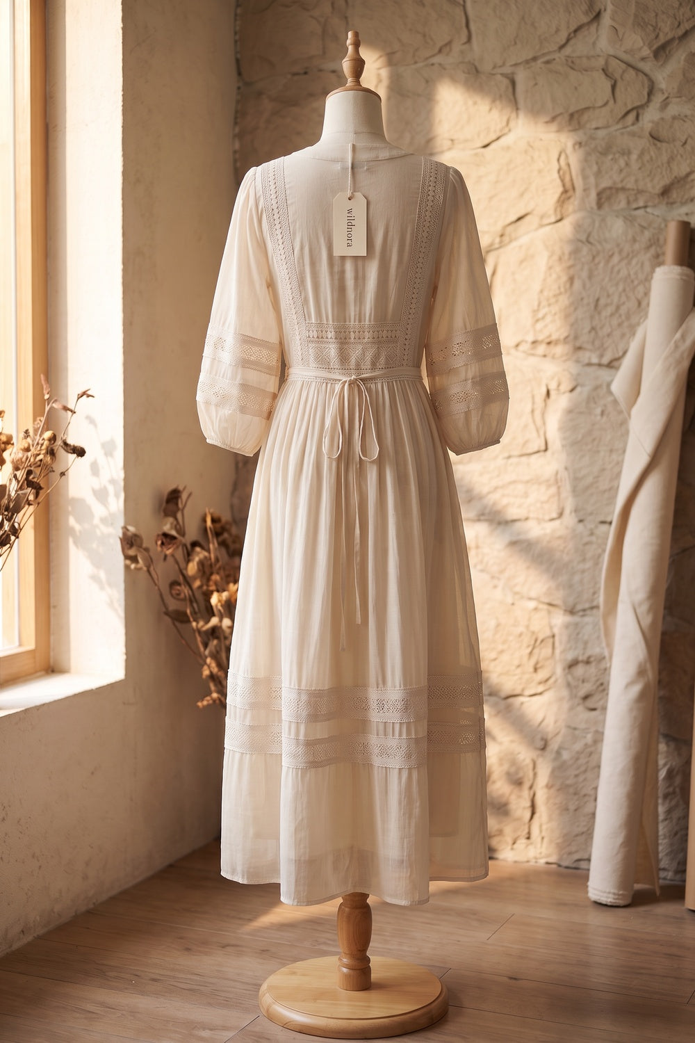Cream A-Line Midi Dress with Lace Inserts cream, light beige lightweight semi-sheer woven dress - product view 4