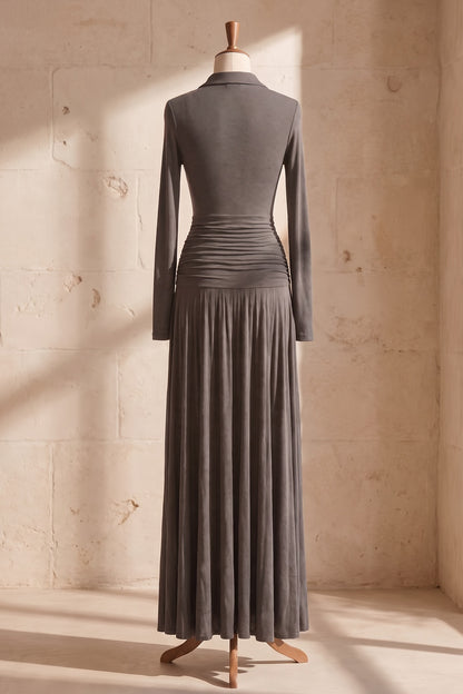 Grey Ruched Maxi Dress with Polo Collar Premium Fabric - product view 4