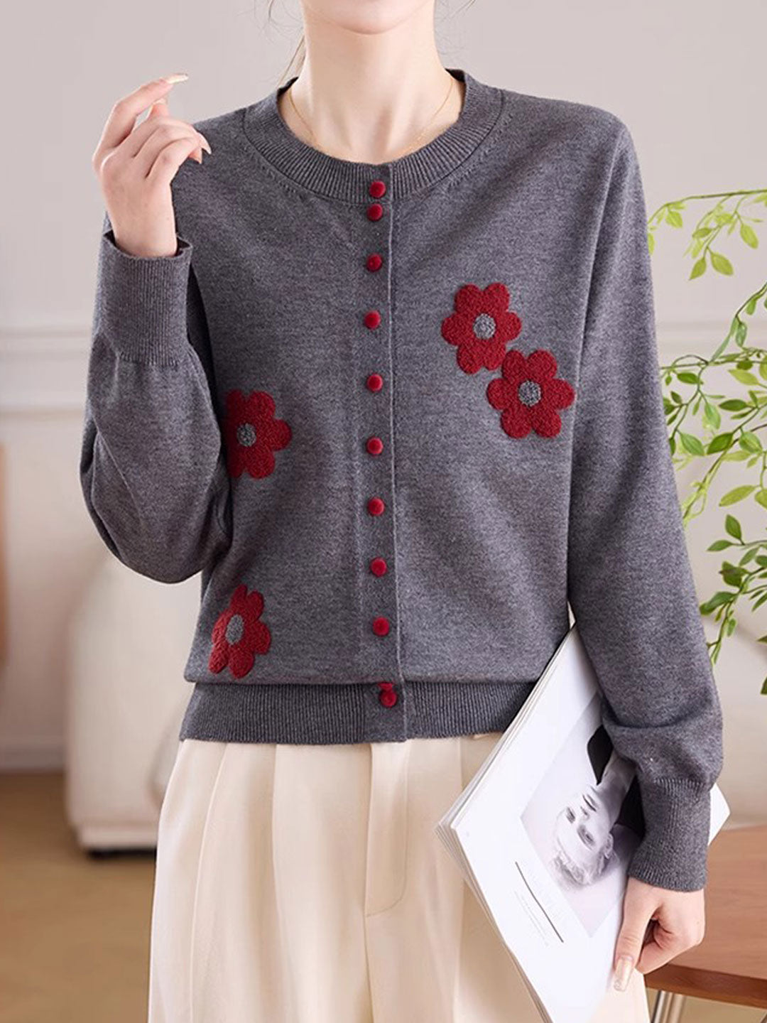 Destiny Daily Crew Neck Embroidered Knitted Cardigan