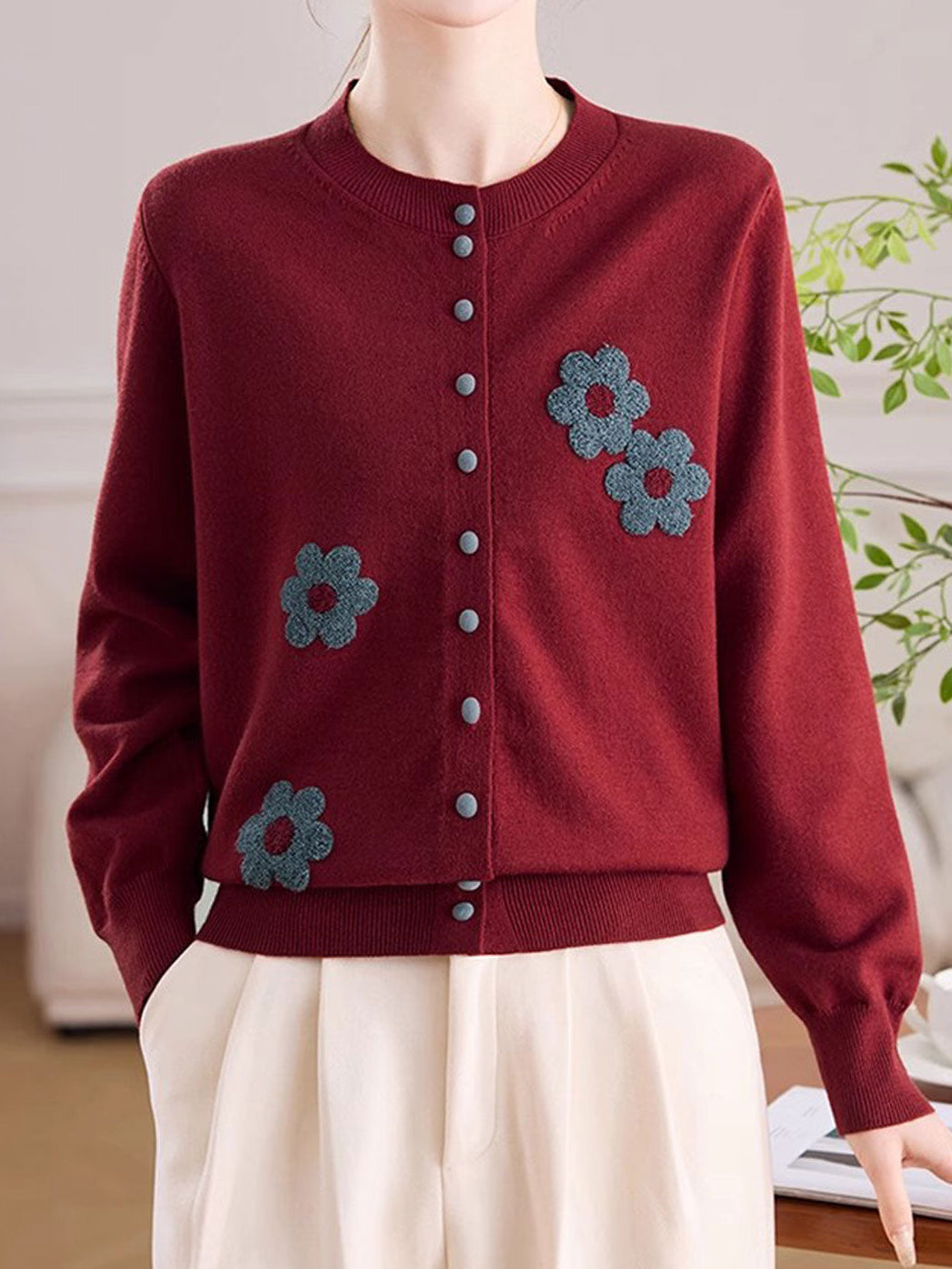Destiny Daily Crew Neck Embroidered Knitted Cardigan