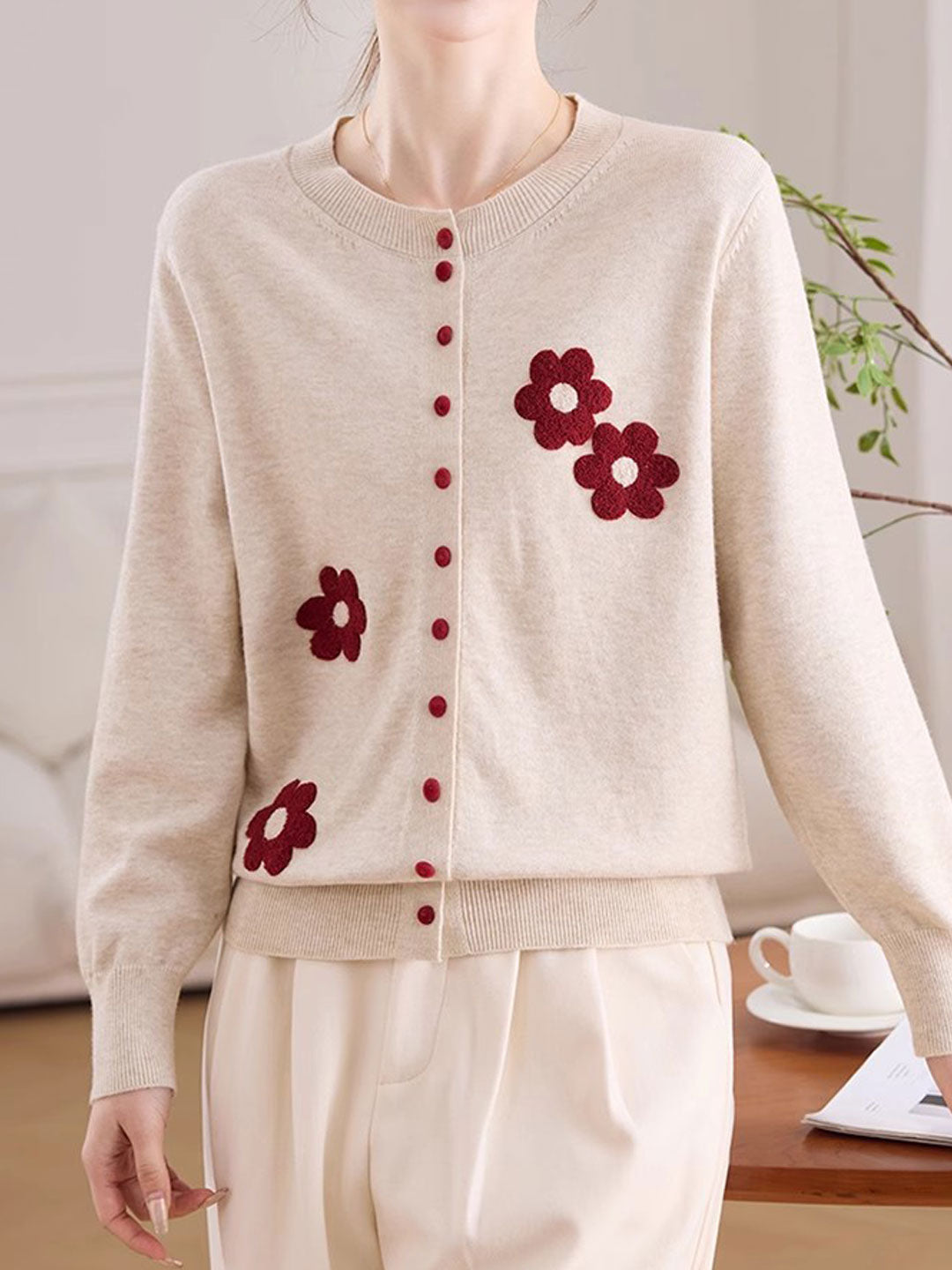 Destiny Daily Crew Neck Embroidered Knitted Cardigan