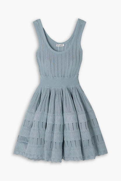 ribbed pointelle knit mini dress in blue