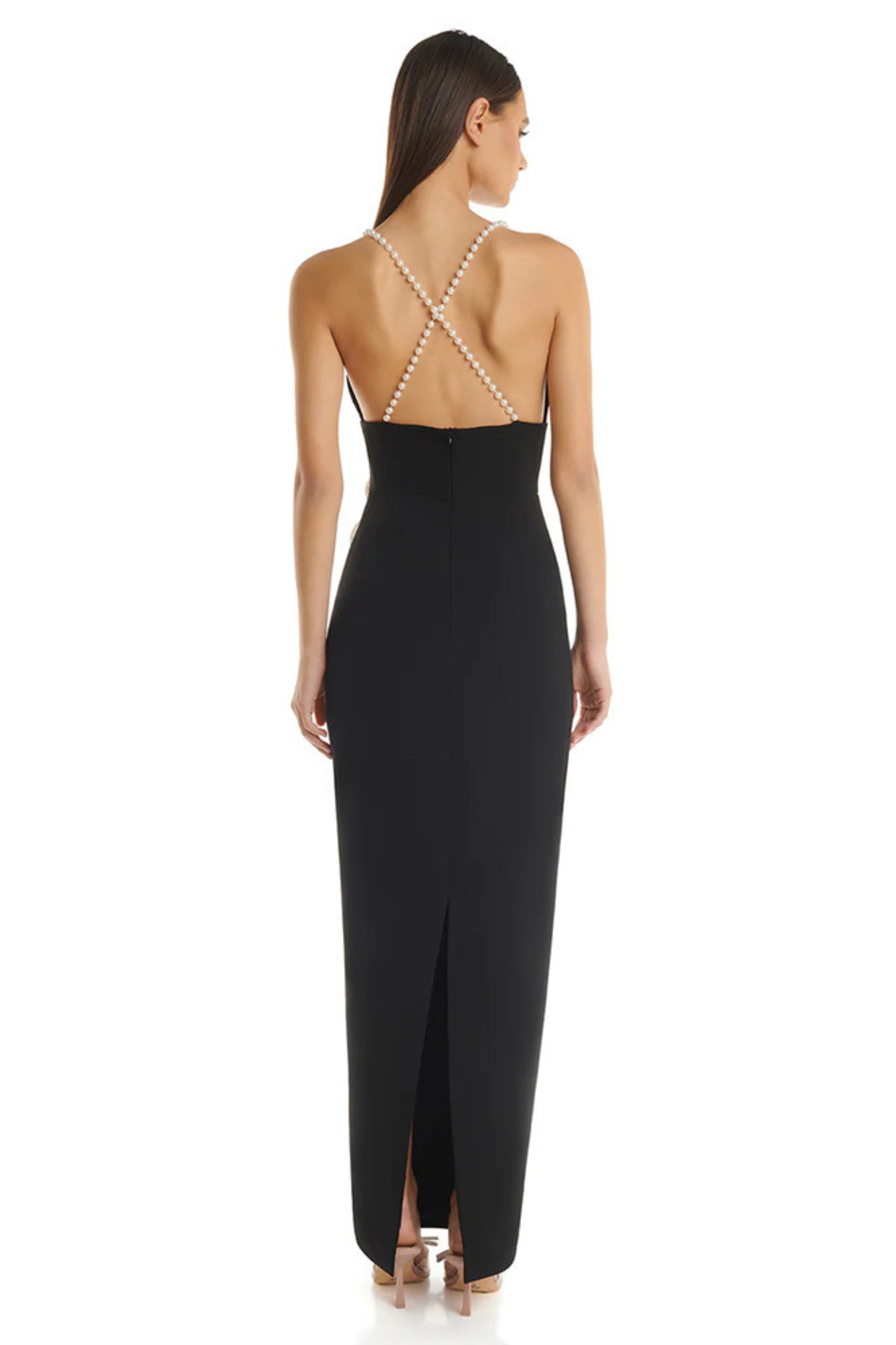3D flower embellished maxi dress in black