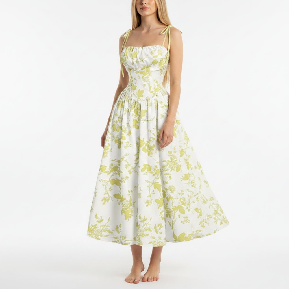Smocked Floral Square Neck A-line Midi Dress