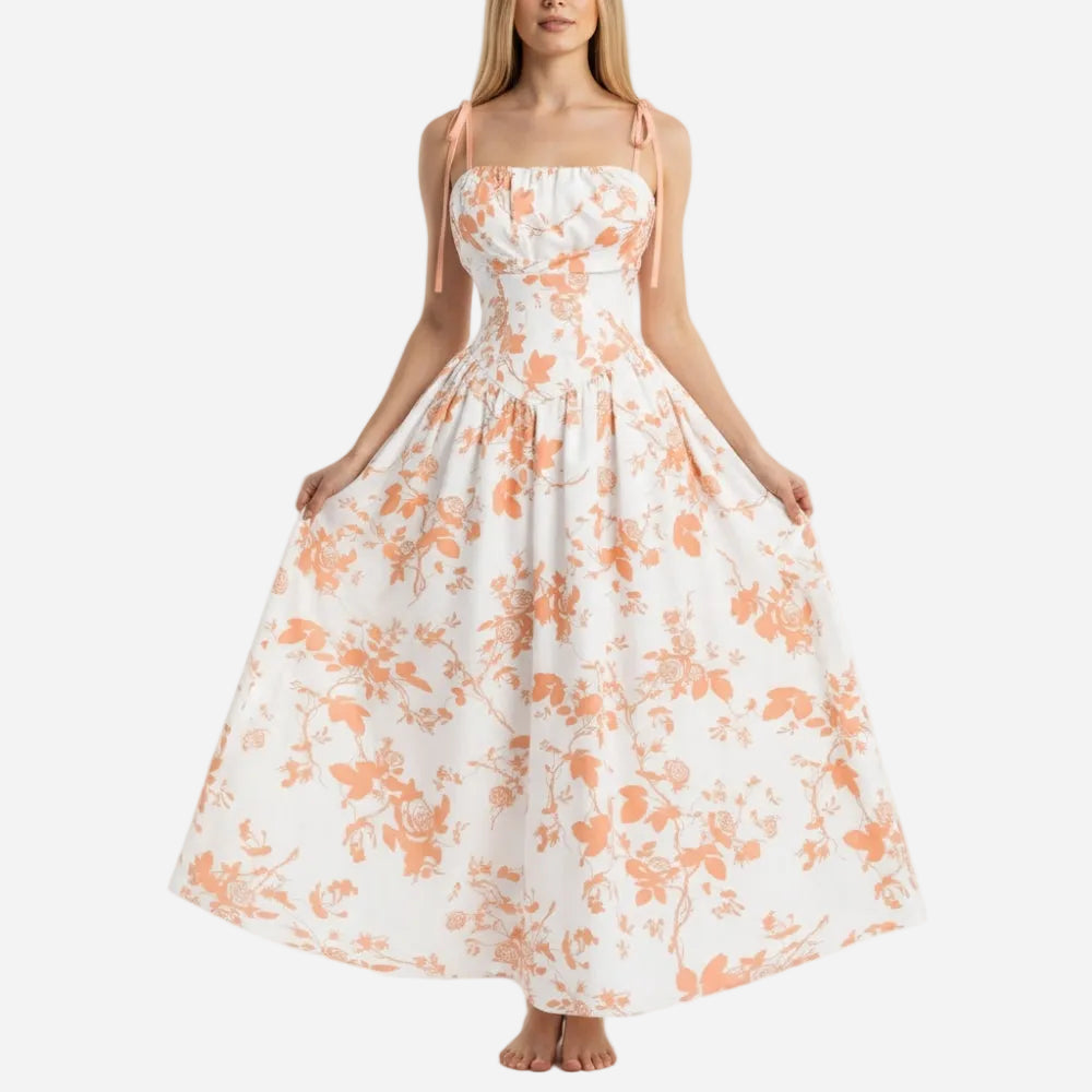 Smocked Floral Square Neck A-line Midi Dress