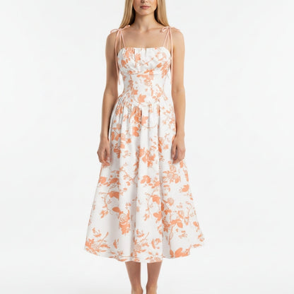 Smocked Floral Square Neck A-line Midi Dress