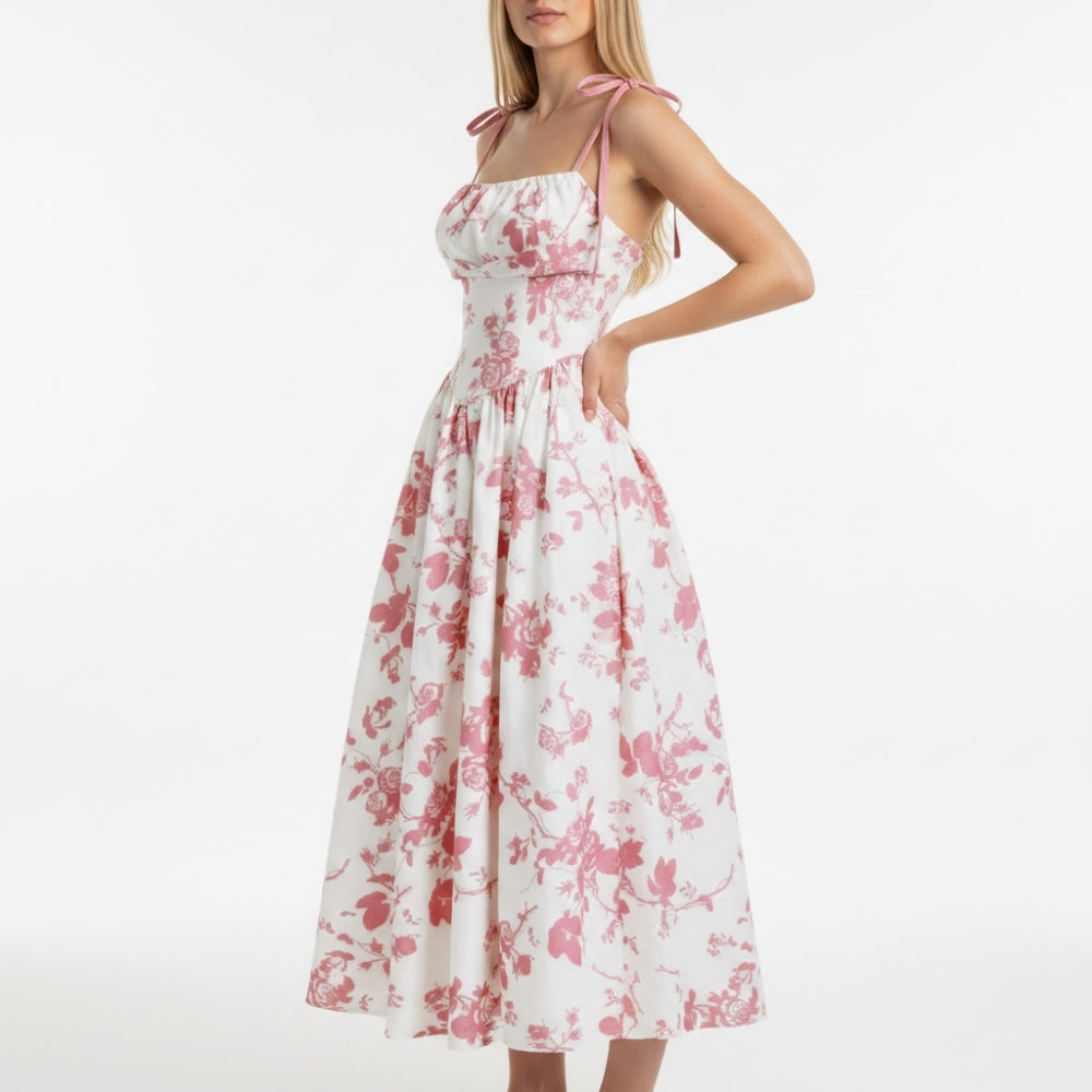 Smocked Floral Square Neck A-line Midi Dress
