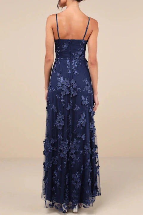 Rare Presence Navy Blue 3D Floral Surplice Maxi Dress