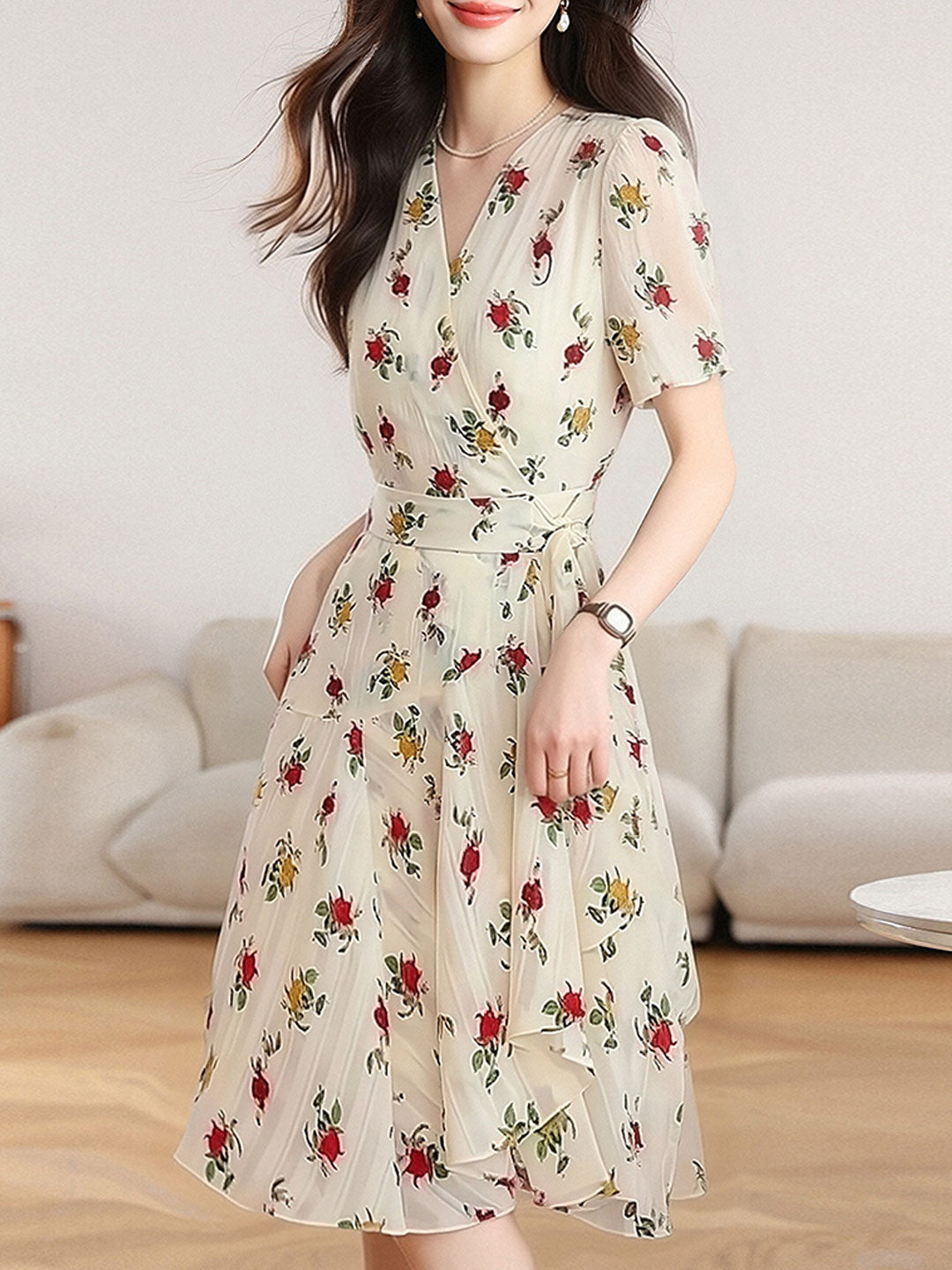 Abigail Cute V-Neck Floral Printed Dress