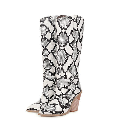 Python pattern patent leather shaped wedge mid-calf shoes