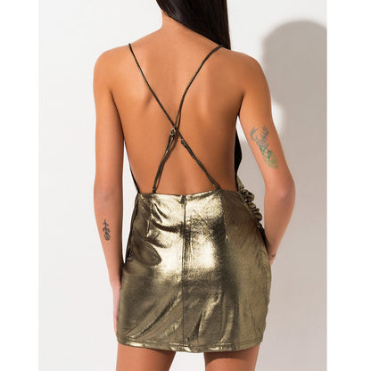 deep V suspender backless irregular shiny dress