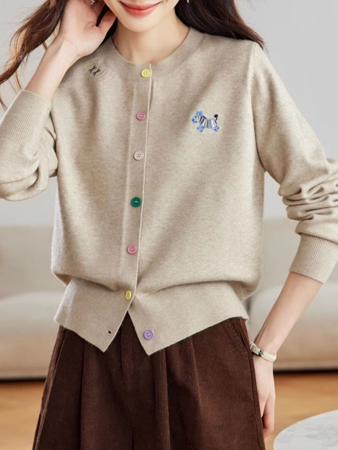 Camila Loose Embroidered Colorful Buttons Knitted Cardigan