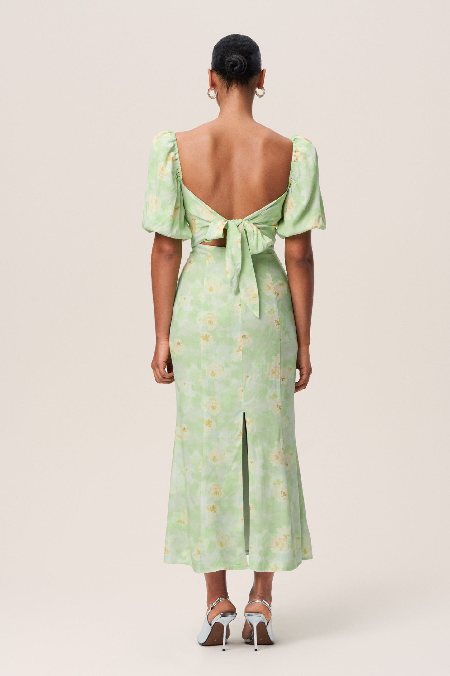 Floral puff sleeve midi dress in green