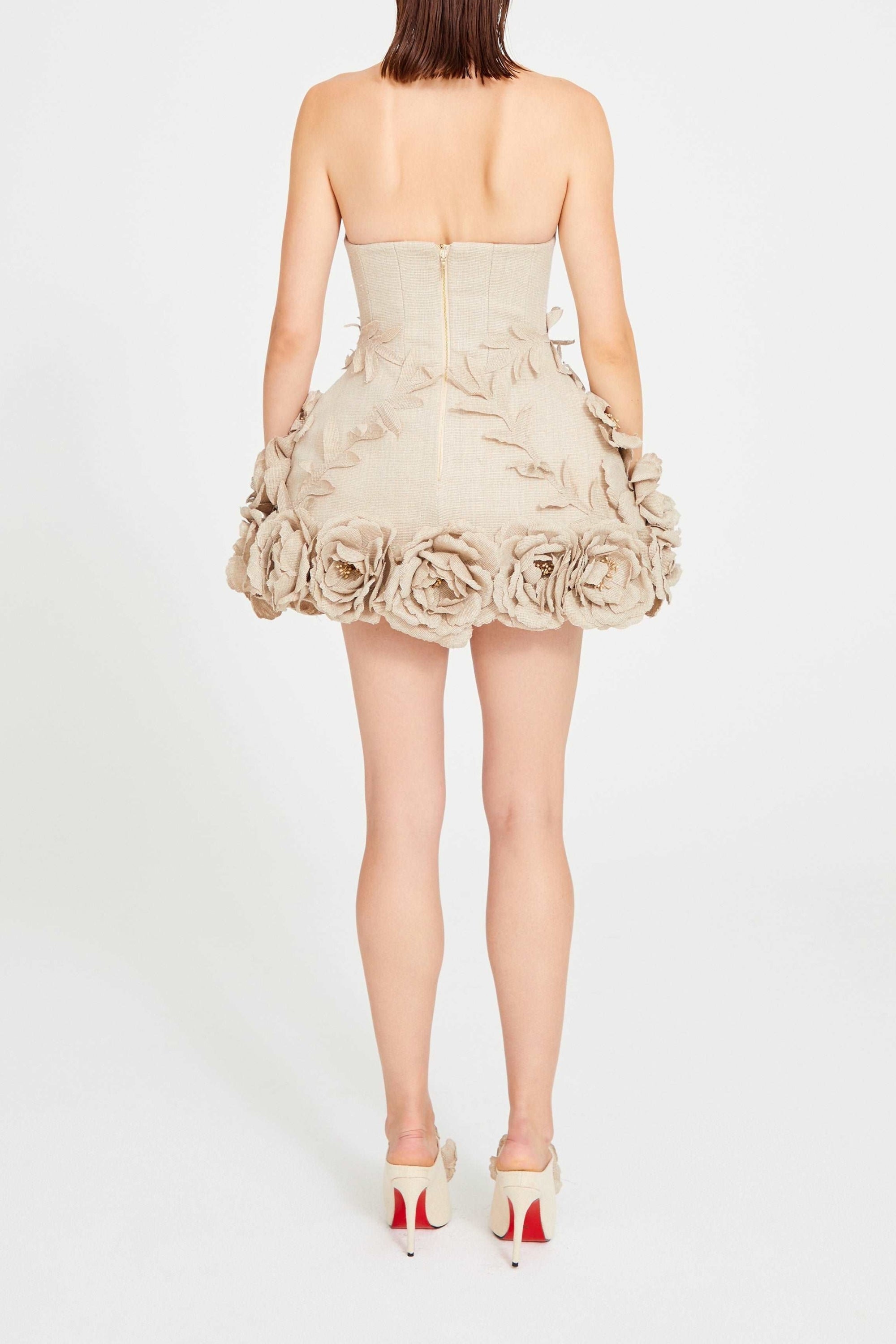 ABITO CORSETTO IN LINO BEIGE CON DETTAGLI FIORI SALOME