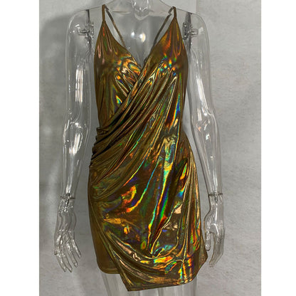 deep V suspender backless irregular shiny dress