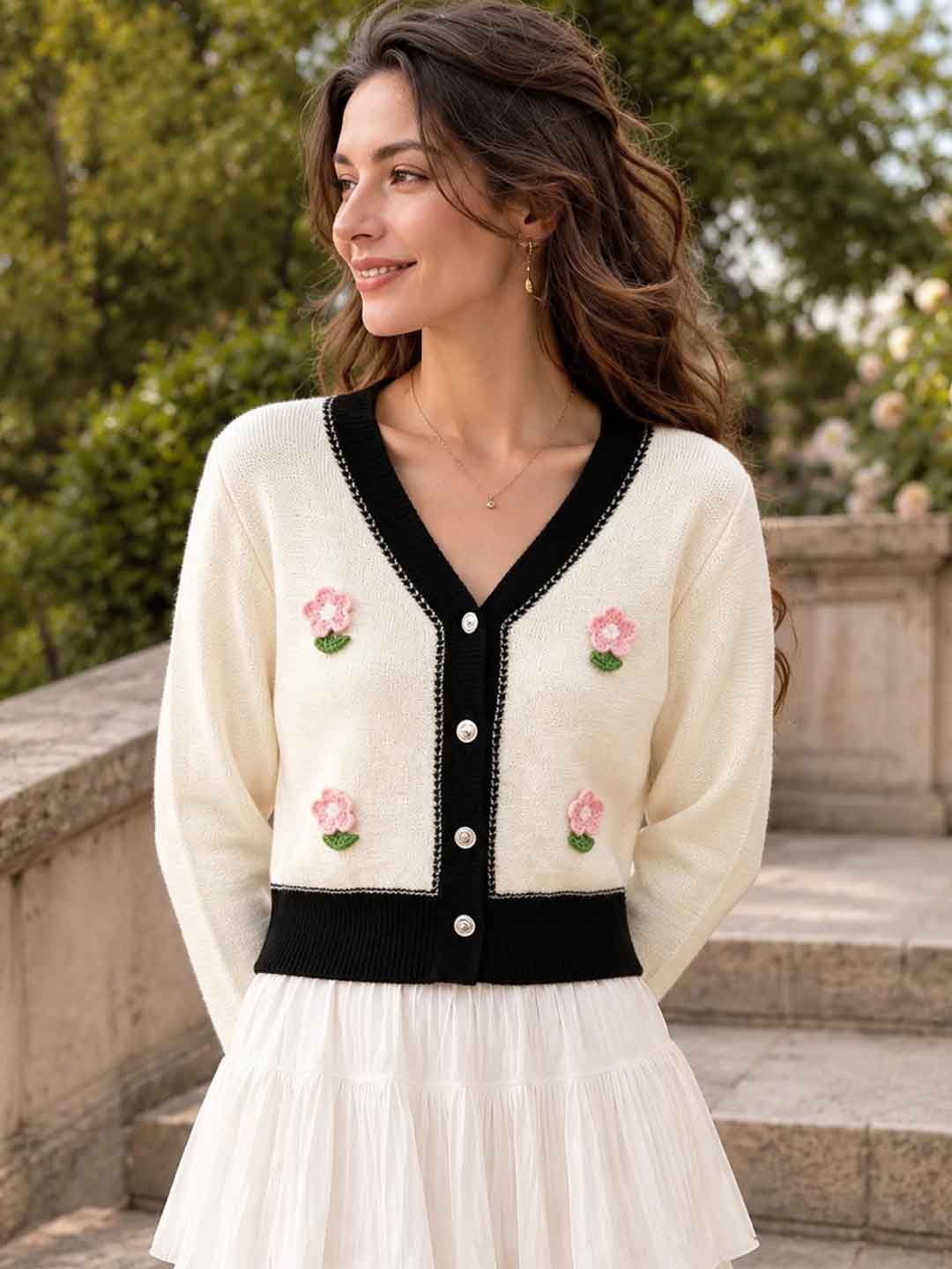 Color-blocked Floral Cardigan