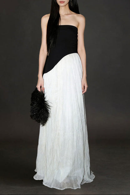 Black white contrast tube top irregular maxi dress