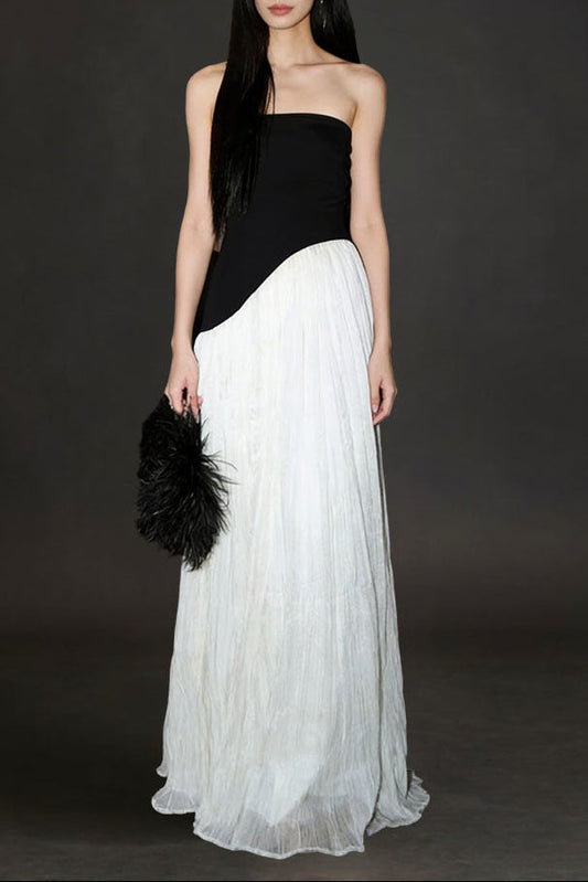 Black white contrast tube top irregular maxi dress